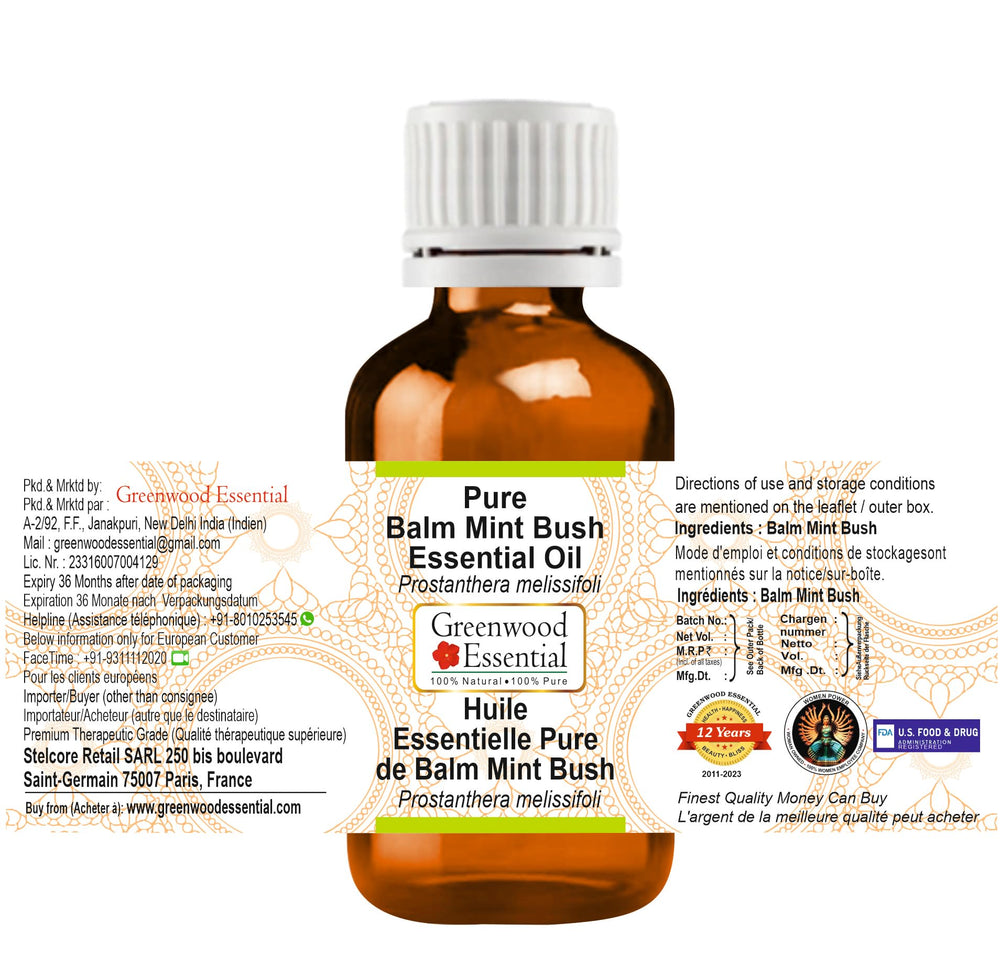 Greenwood Essential Mint Bush essential oil bottle highlights pure botanical fragrance.