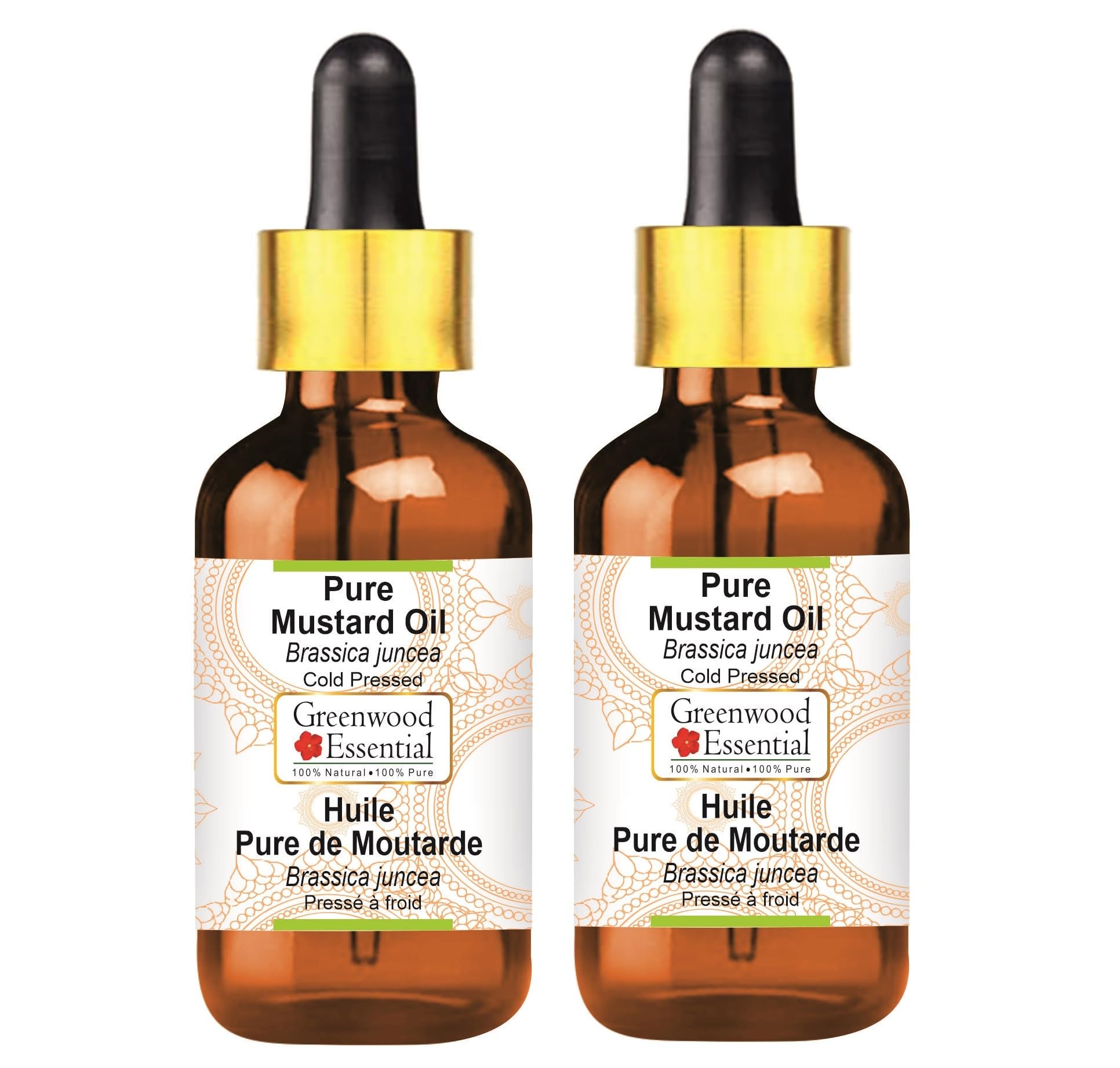 Greenwood Essential mustard oil in an amber glass bottle preserves potency for daily use