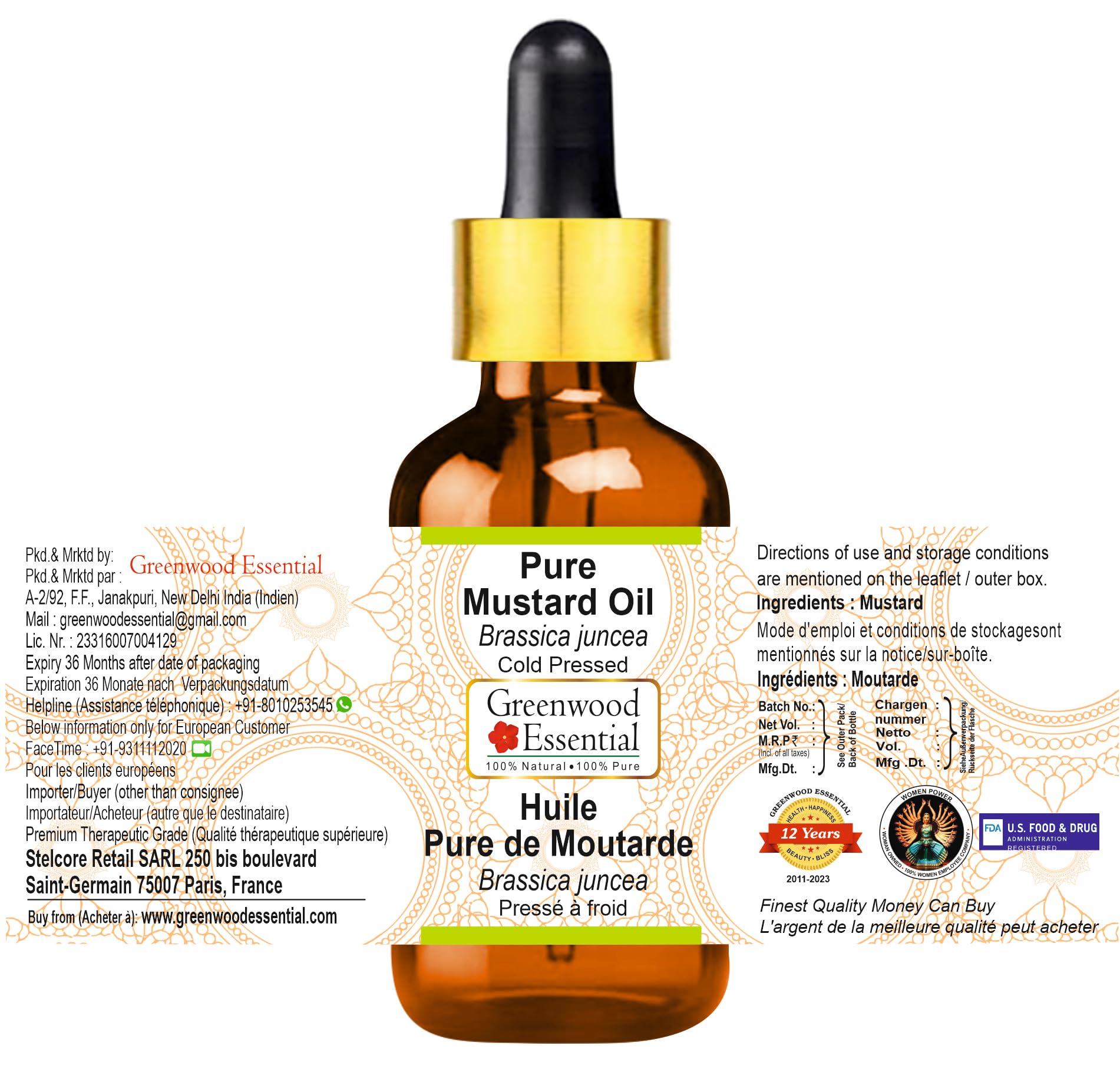 Greenwood Essential mustard oil—cold-pressed—feels lightweight and non-greasy on skin