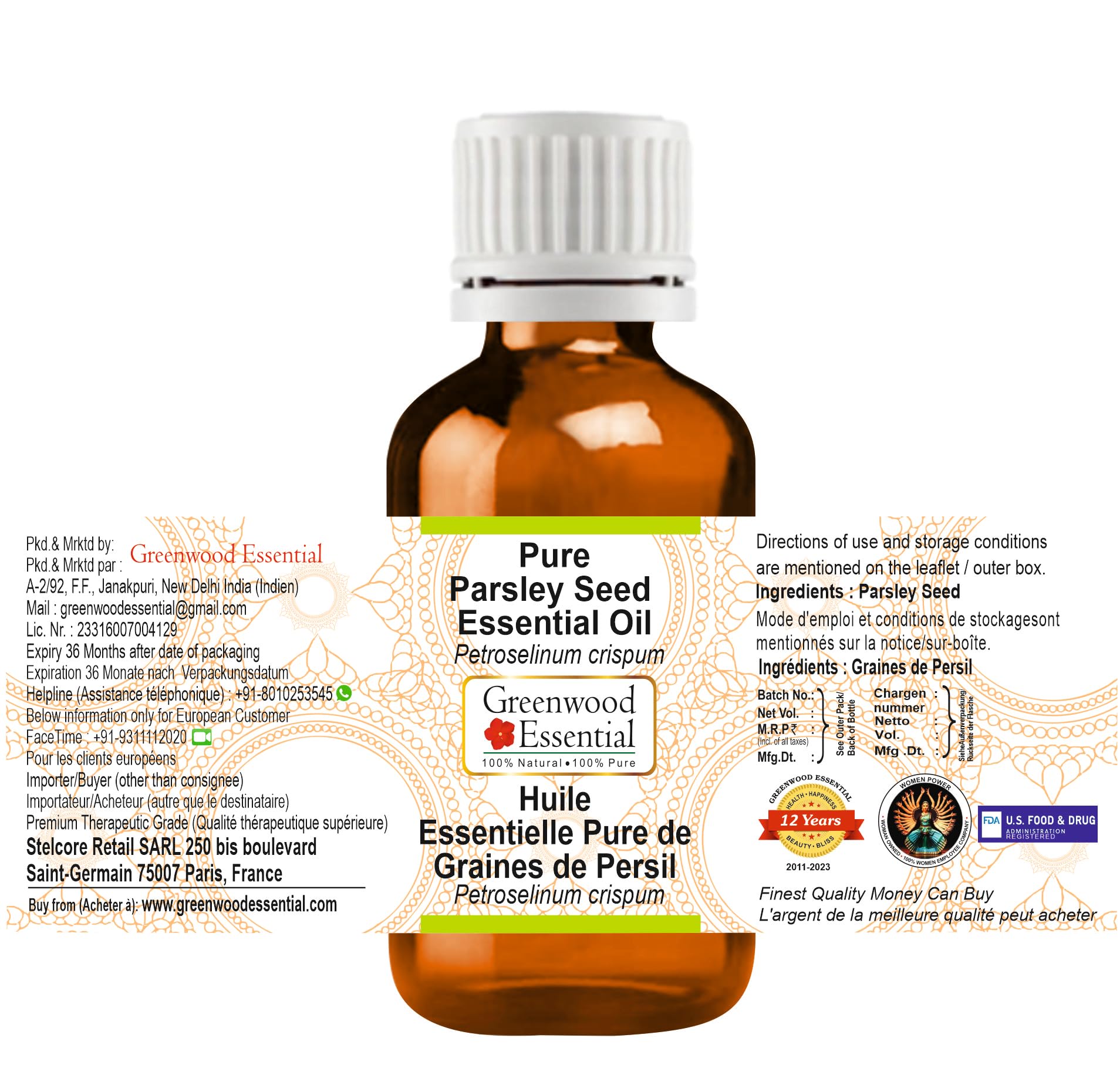 Greenwood Essential parsley seed oil glass bottle closeup—potency and protection.