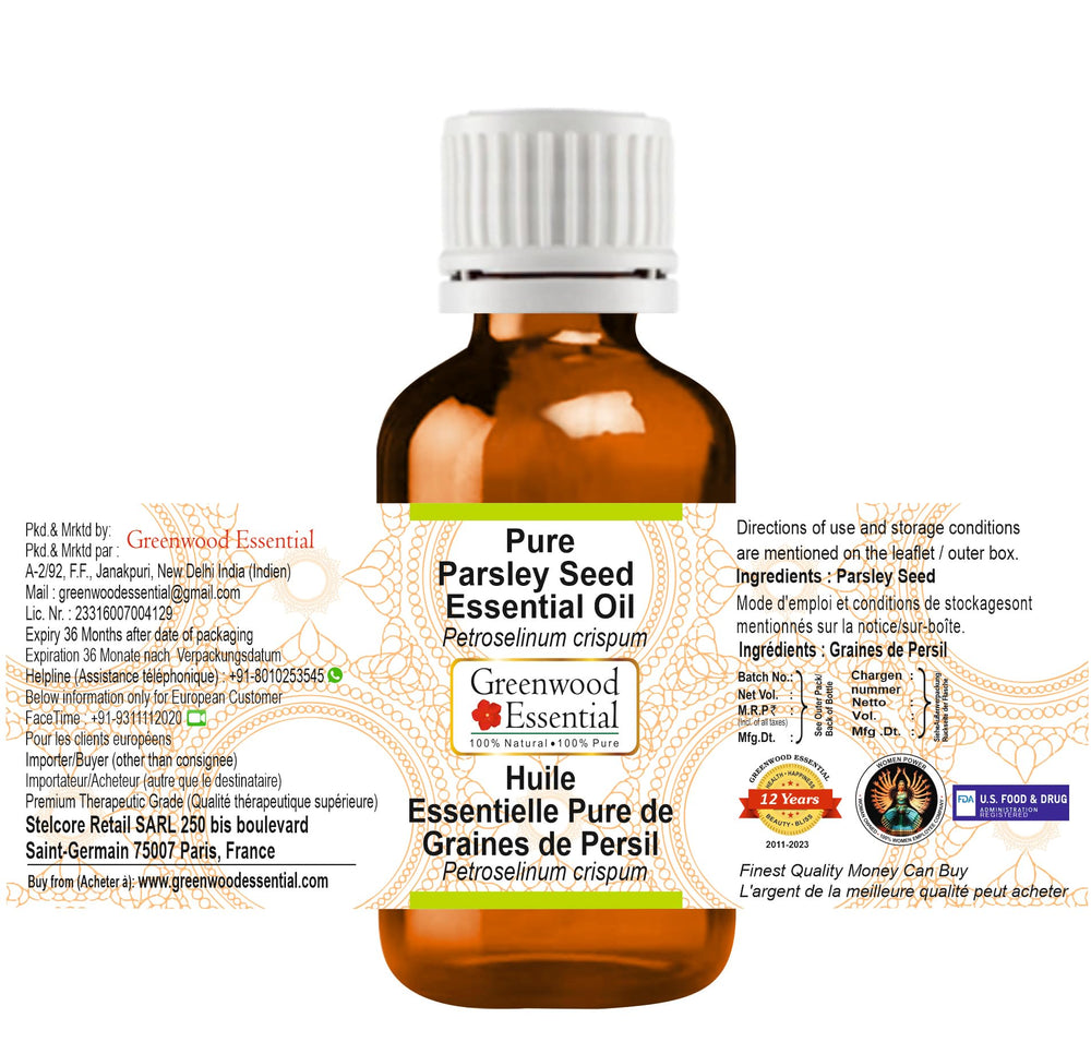 Greenwood Essential parsley seed oil glass bottle closeup—potency and protection.