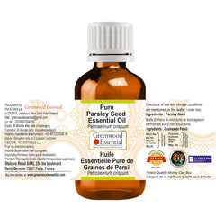 Greenwood Essential parsley seed oil glass bottle closeup—potency and protection.
