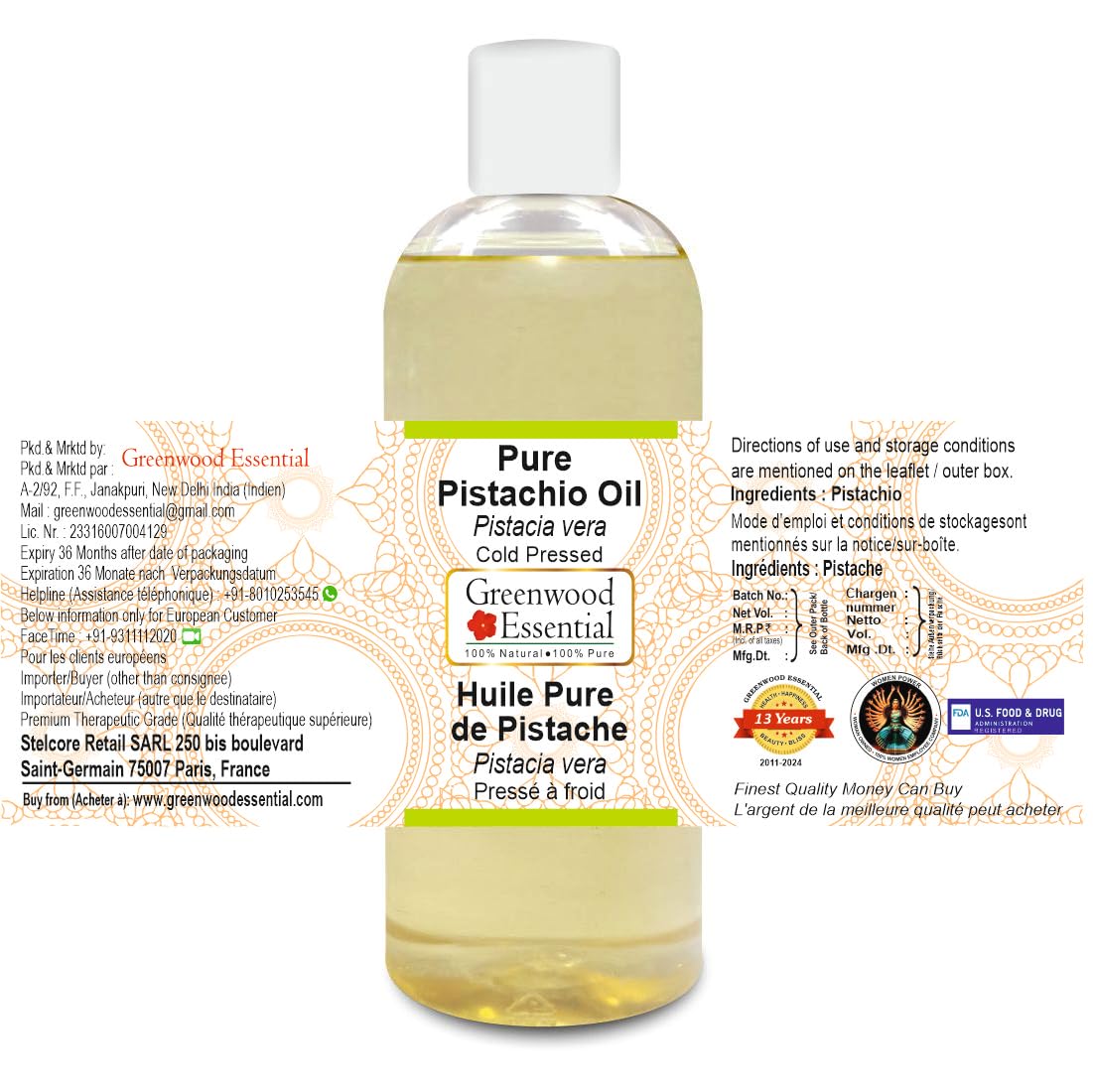 Greenwood Essential Pistachio Oil label closeup highlighting cold pressed purity.