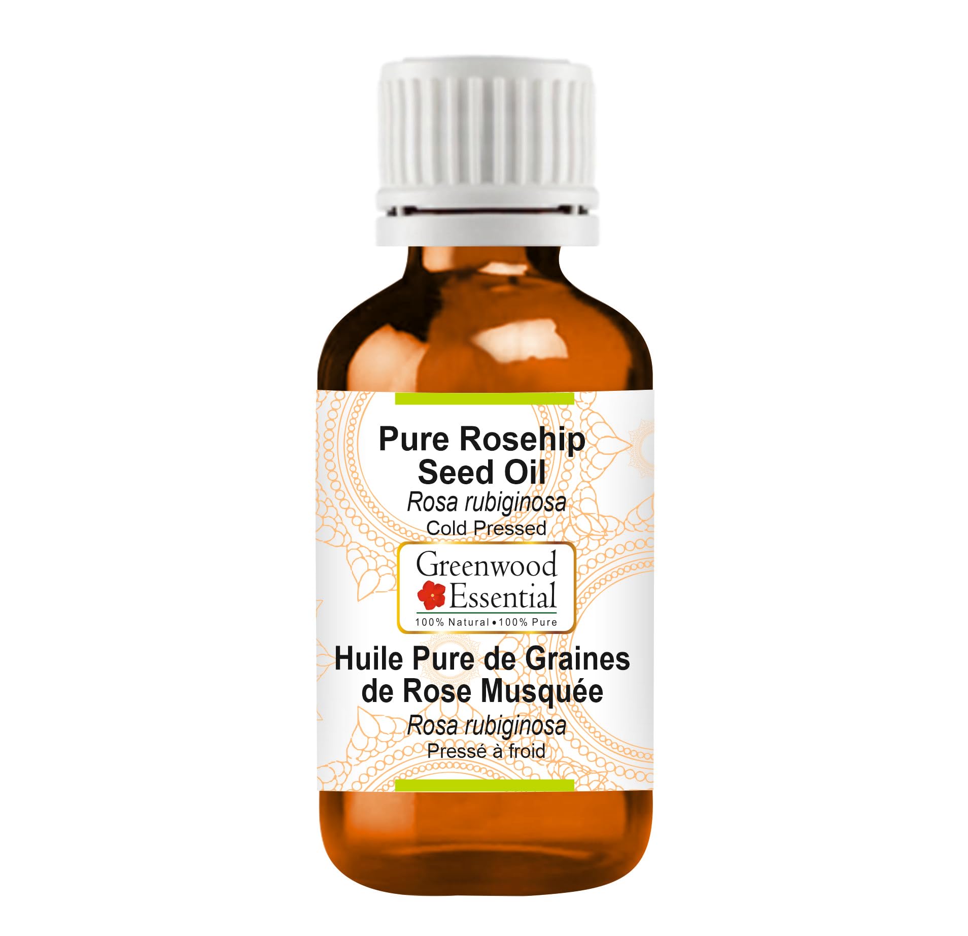 Greenwood Essential Pure Rosehip Seed Oil bottle in amber glass preserves potency