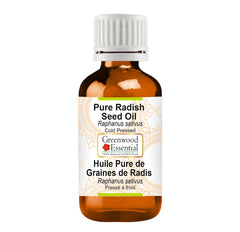Greenwood Essential radish seed oil bottle shown for pure skincare base and potency.