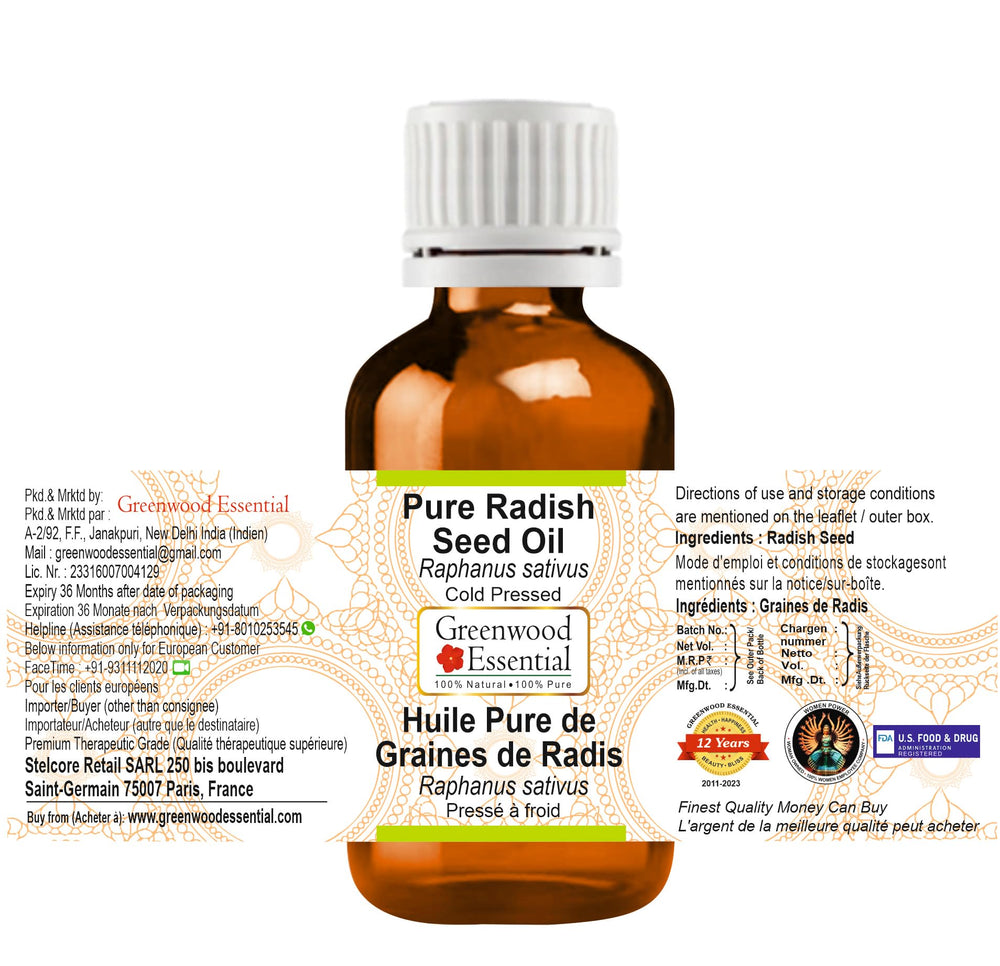 Pouring Greenwood Essential radish seed oil highlights quick absorption for skin.