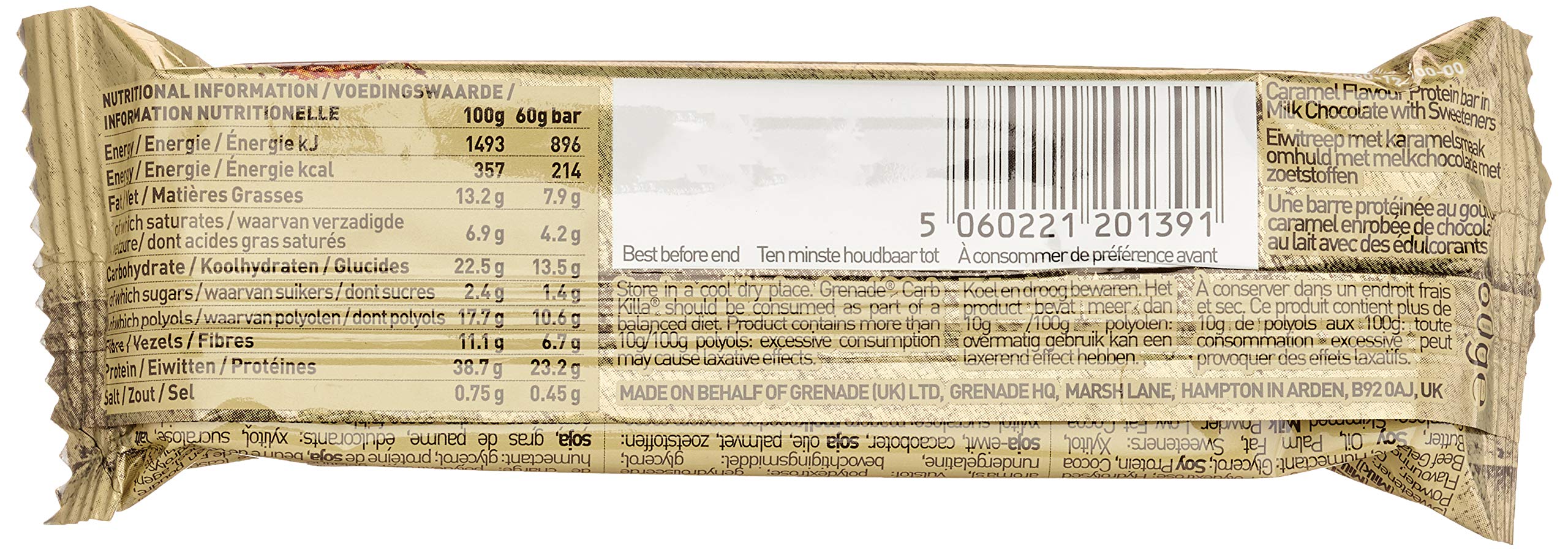 Grenade Carb Killa Caramel Chaos bar with European chocolate coating for rich flavor.