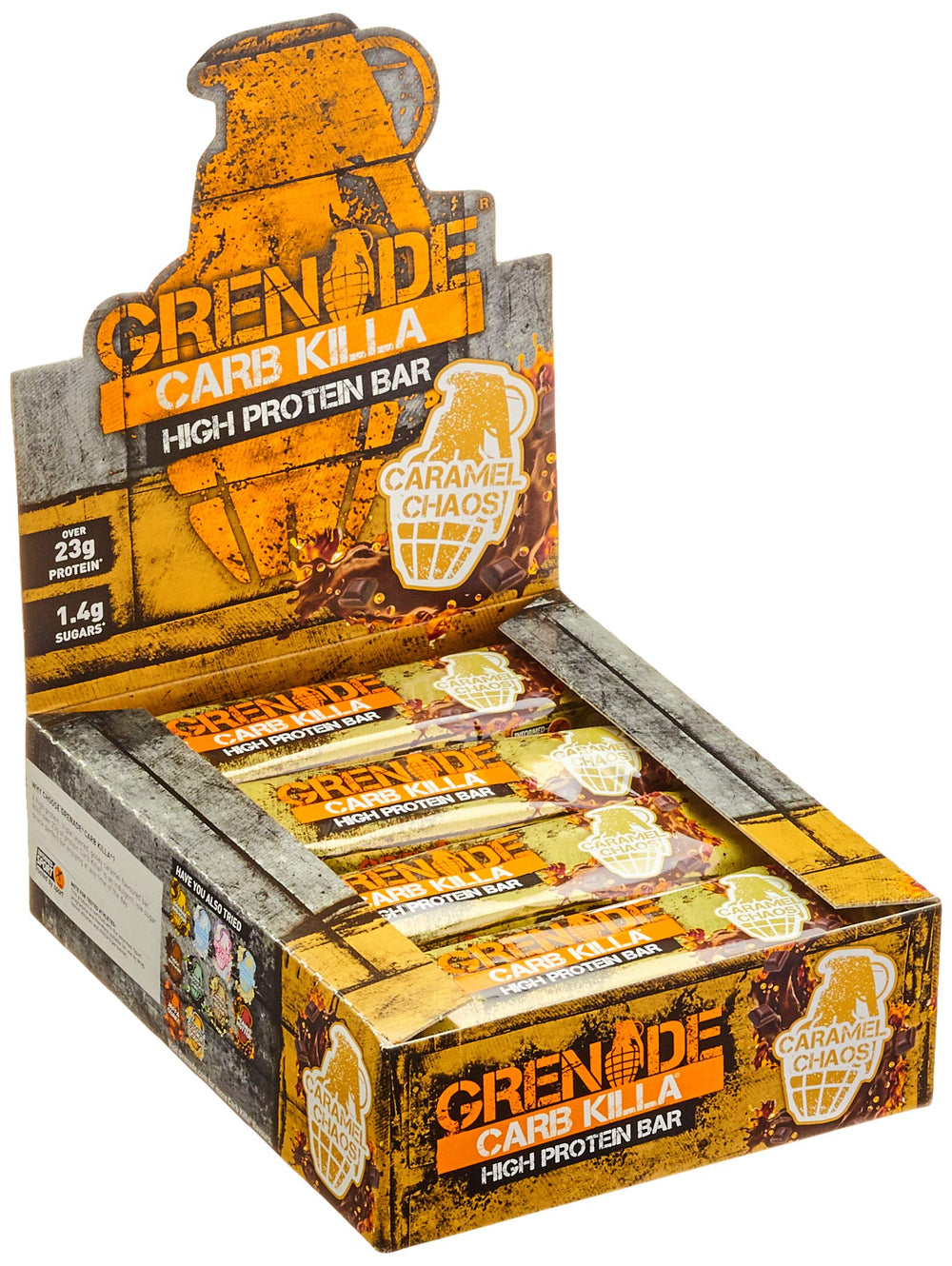 Grenade Carb Killa Caramel Chaos bar in pack, high-protein snack for on-the-go workouts.