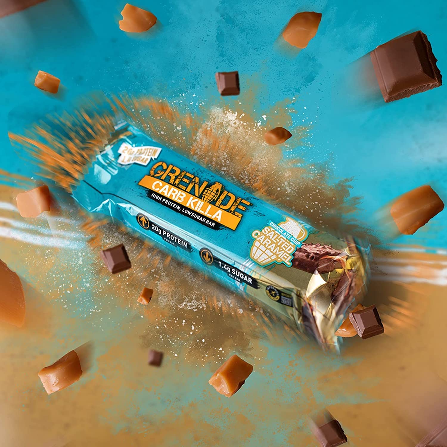 Grenade Carb Killa chocolate chip salted caramel foil-wrapped bar, great grab-and-go option