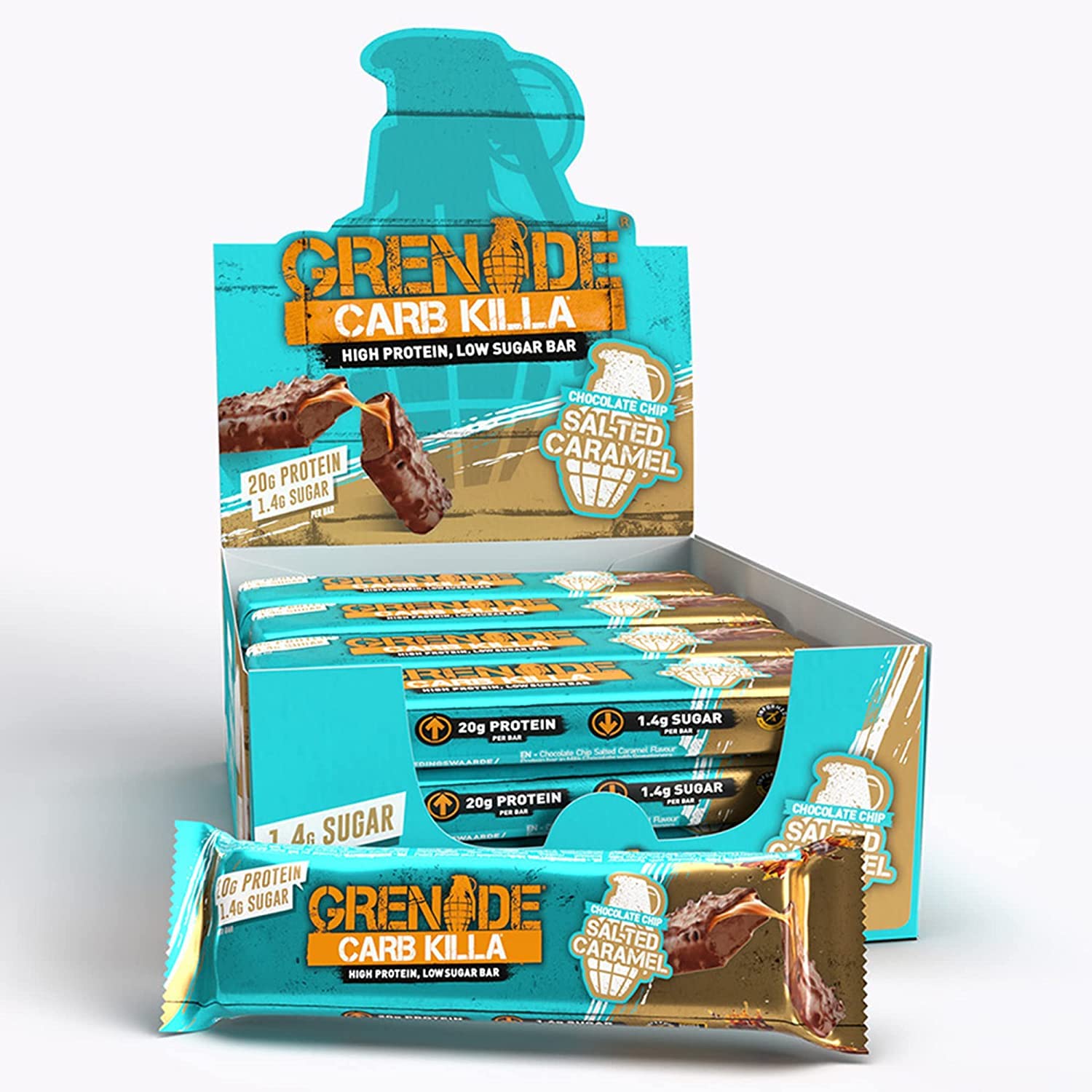 Grenade Carb Killa Chocolate Chip Salted Caramel pack shot for convenient protein snacking
