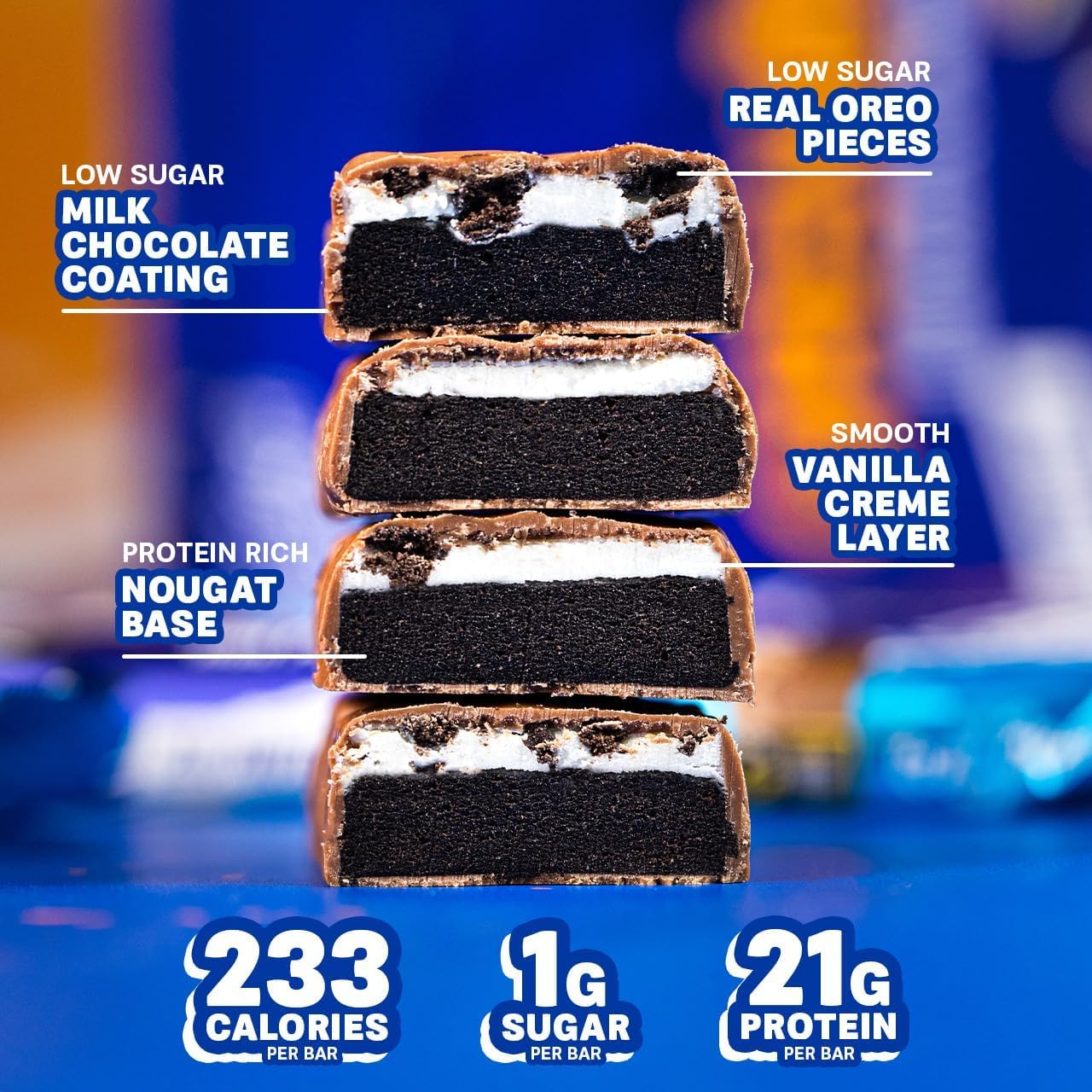 Grenade High Protein Oreo Vanilla bar cross-section, triple-layer structure with cocoa nougat