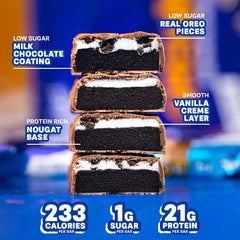 Grenade High Protein Oreo Vanilla bar cross-section, triple-layer structure with cocoa nougat