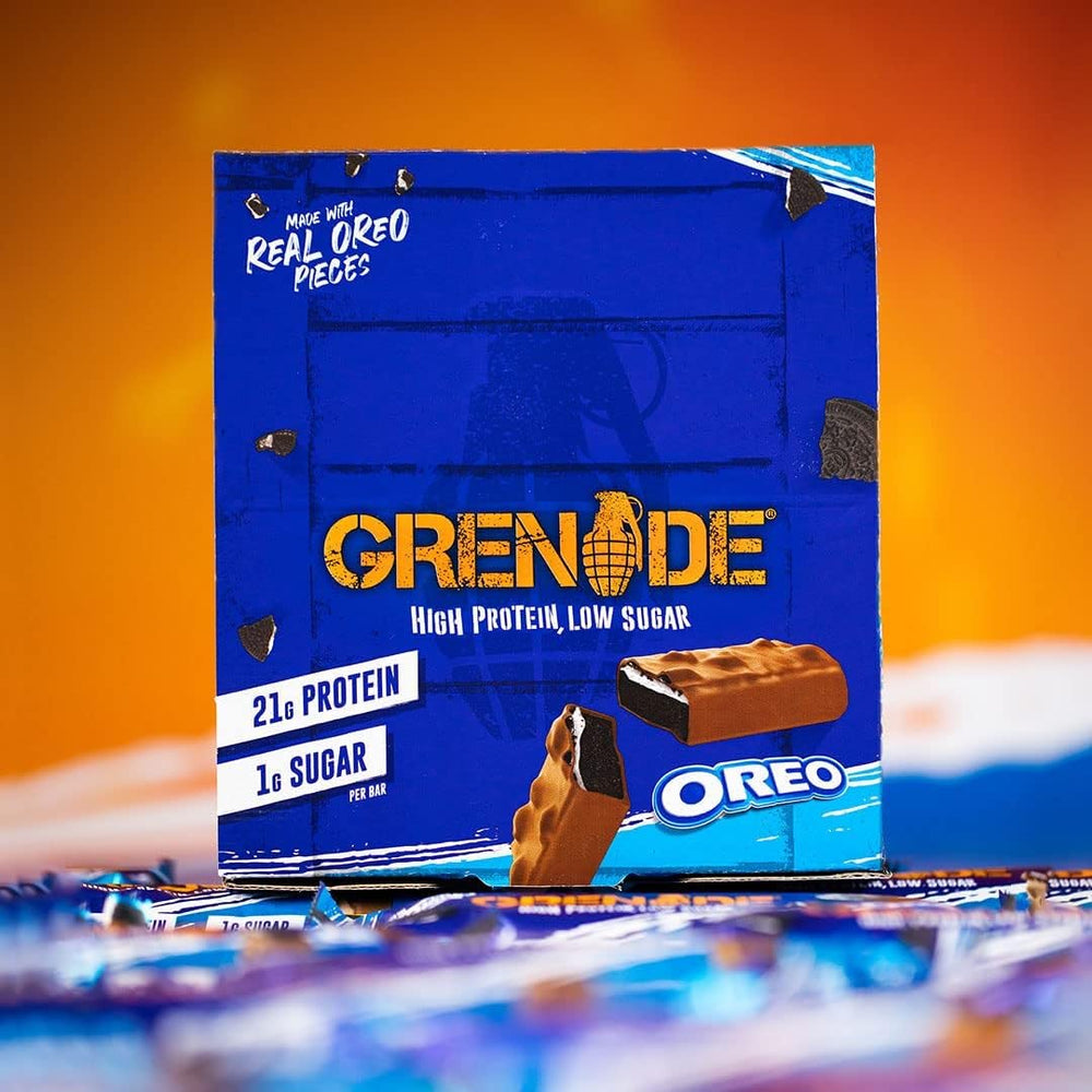 Grenade High Protein Oreo Vanilla bar packaging, convenient snack for busy days
