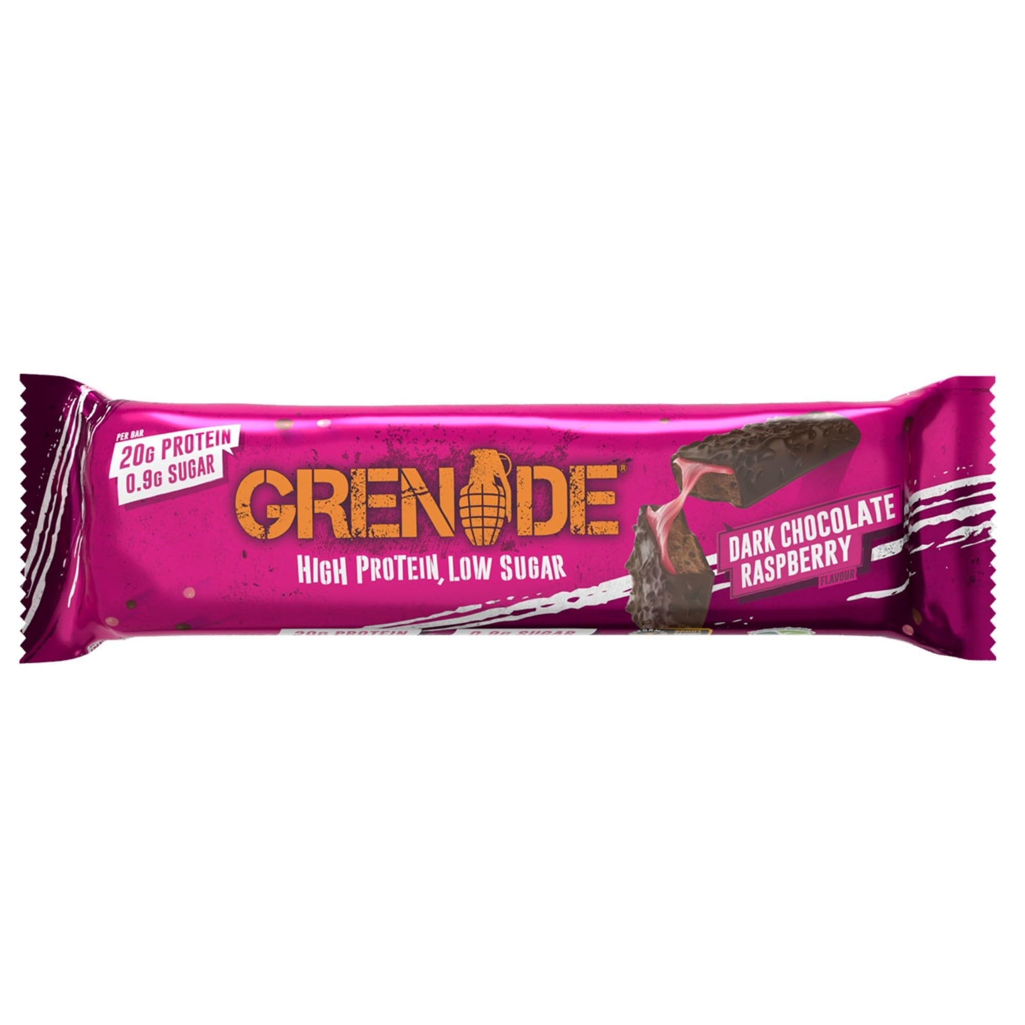 Grenade Raspberry Dark Chocolate bar close-up, showing glossy chocolate coating.