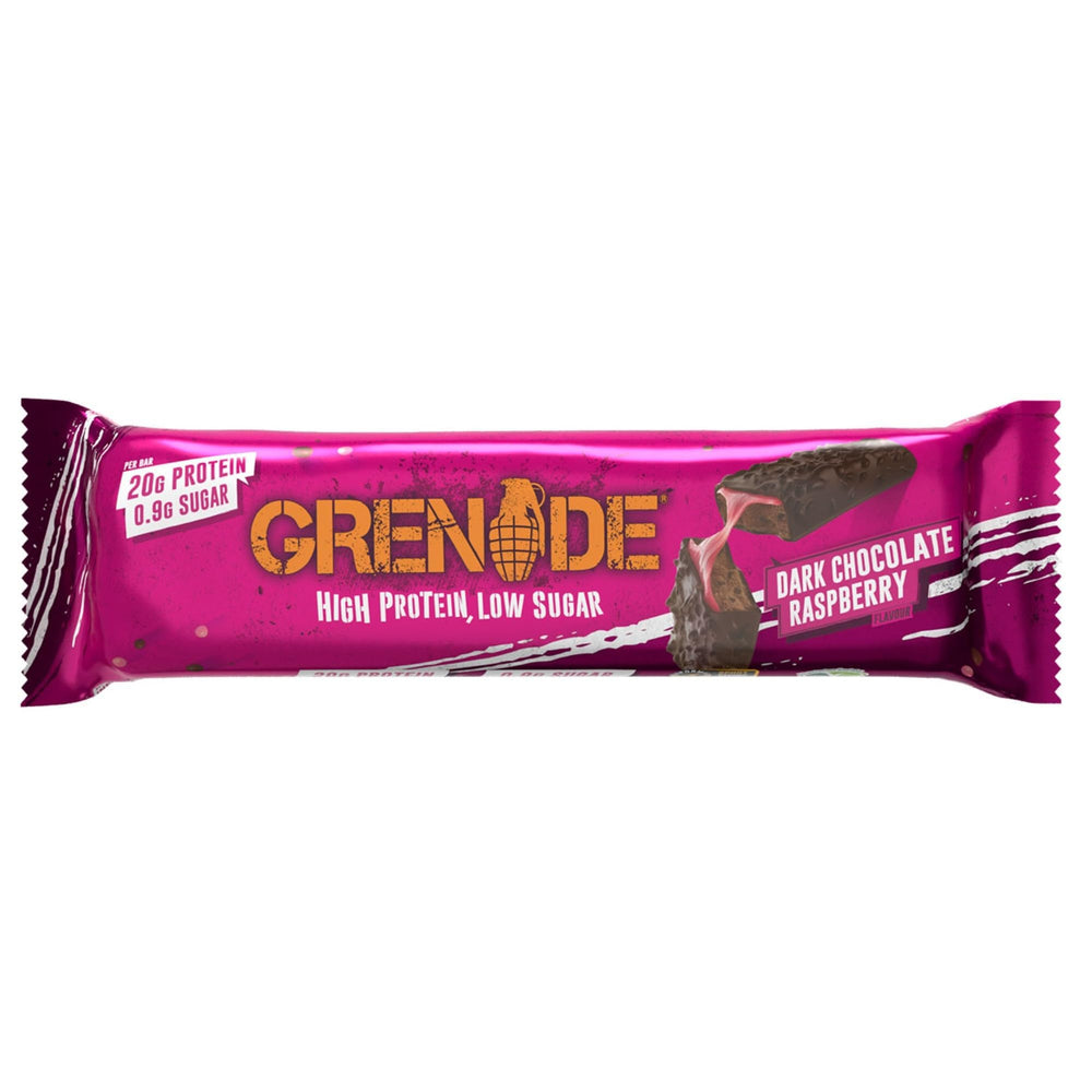 Grenade Raspberry Dark Chocolate bar close-up, showing glossy chocolate coating.