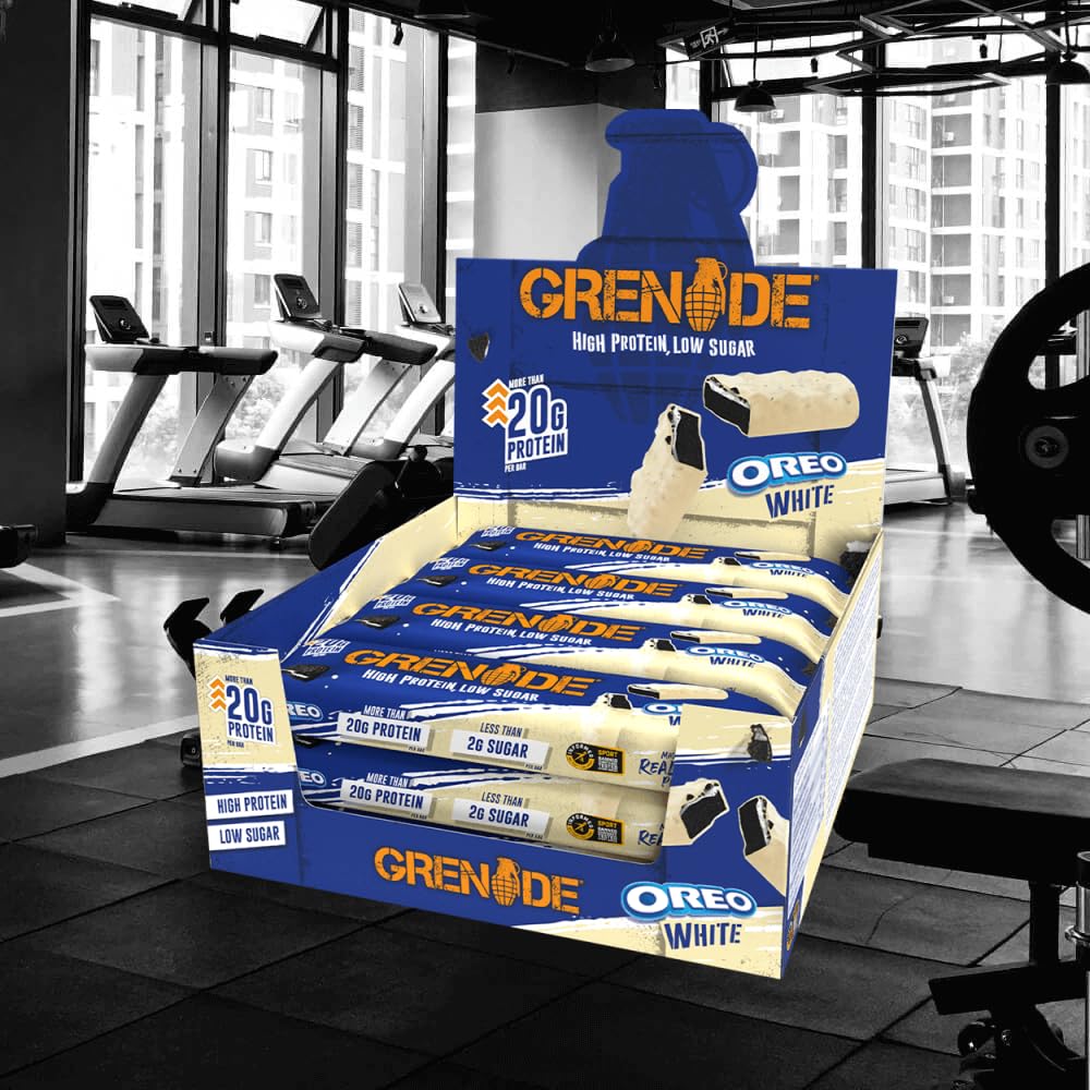 Close-up of Grenade Oreo White bar showing Oreo chunks and white chocolate twist