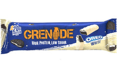 Nutrition panel for Grenade Oreo White bar, low sugar and high protein