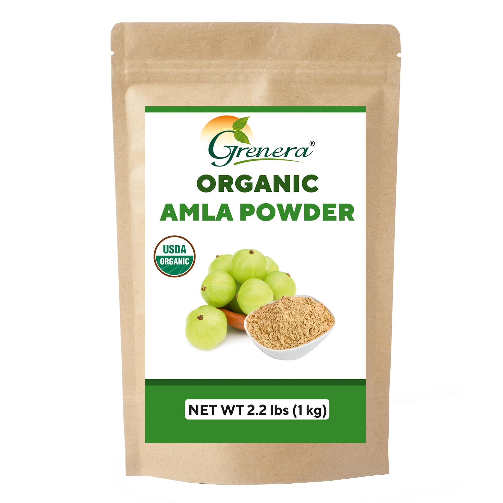 Grenera Organic Amla Powder bottle on shelf for daily vitamin C routine