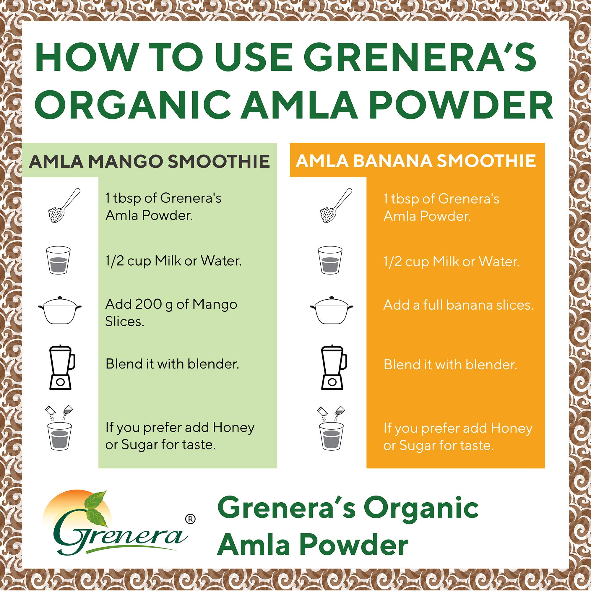 Closeup of Grenera Amla powder texture showing fine amber powder