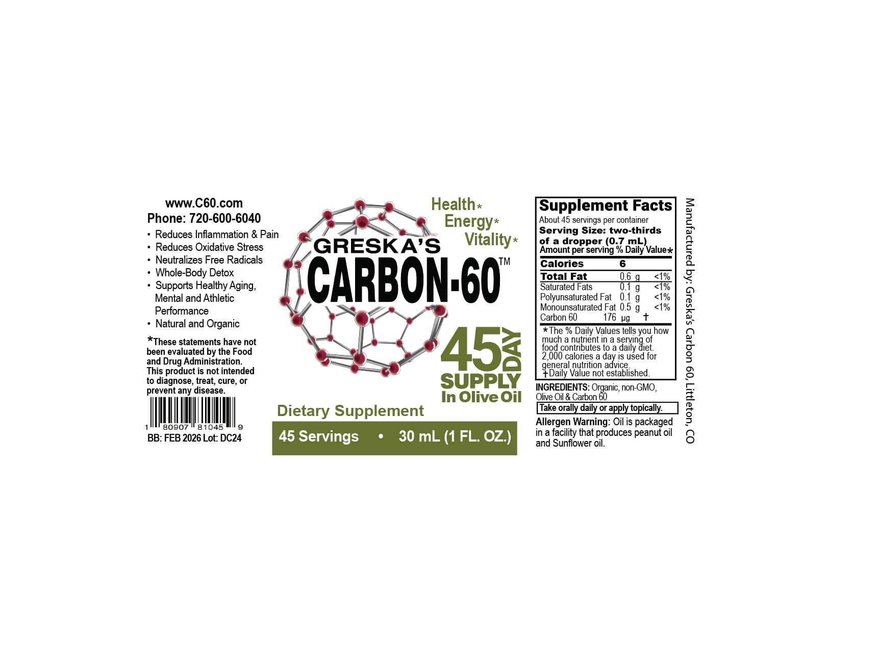 Greska's Carbon-60 label highlights solvent-free, lab-tested purity for trusted use.