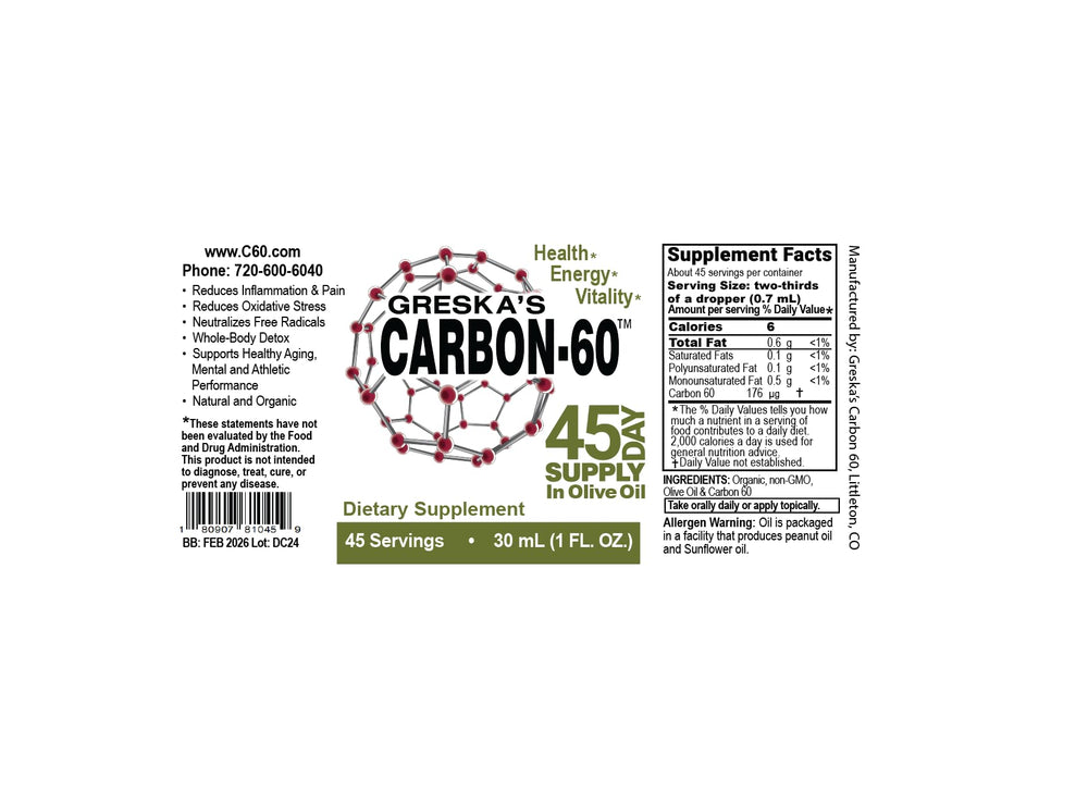 Greska's Carbon-60 label highlights solvent-free, lab-tested purity for trusted use.