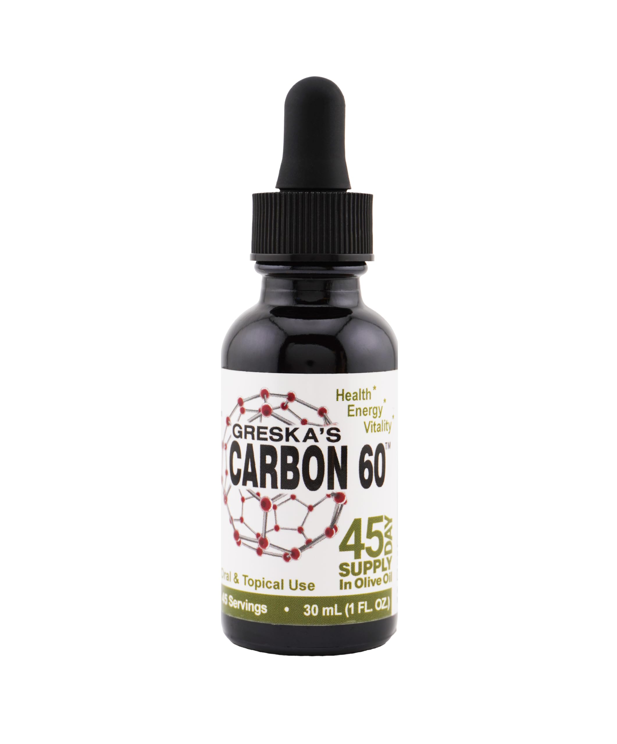 Greska's Carbon-60 olive oil bottle may support cellular maintenance with a pure delivery base.