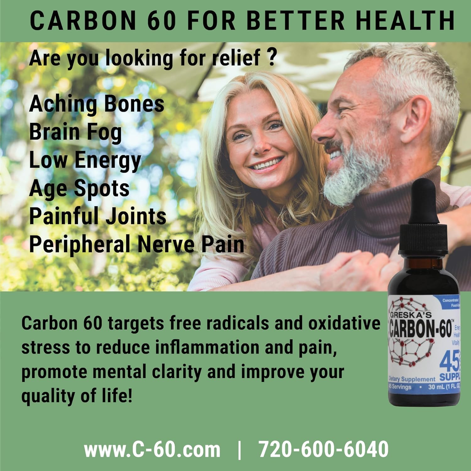 Greska's Carbon-60 packaging box, emphasizing 15-day supply and bioavailability