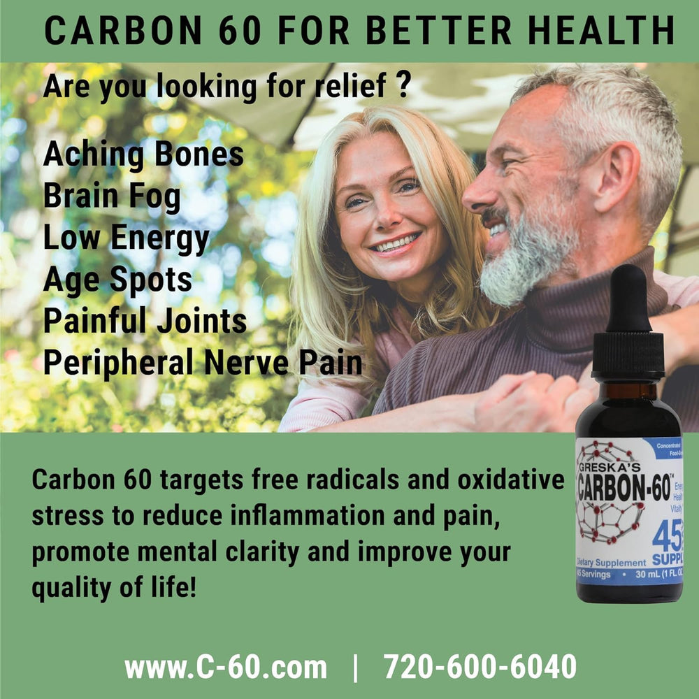 Greska's Carbon-60 packaging box, emphasizing 15-day supply and bioavailability
