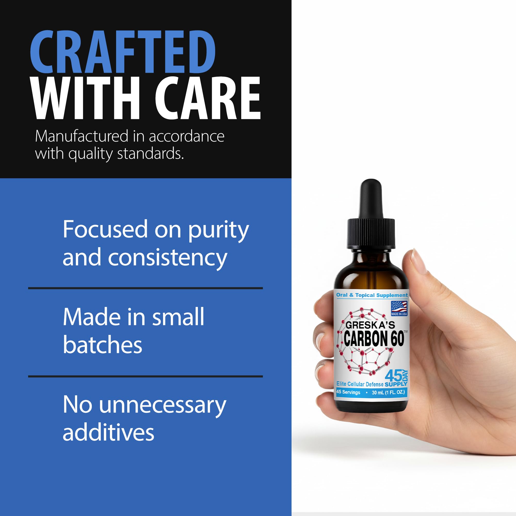 Greska's Carbon-60 packaging with info card highlights potency and purity.