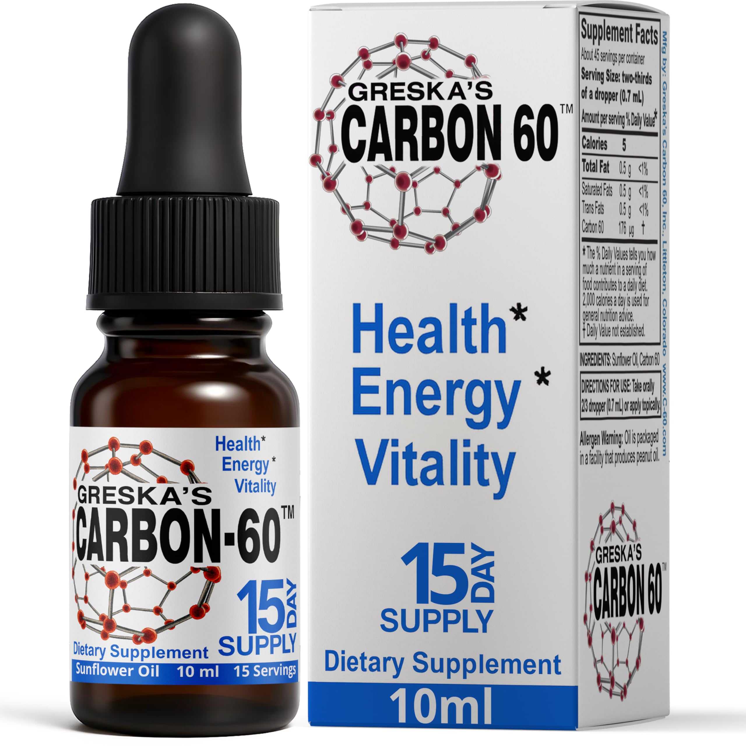 Greska's Carbon-60 bottle with sunflower oil, showcasing high-potency antioxidant formula