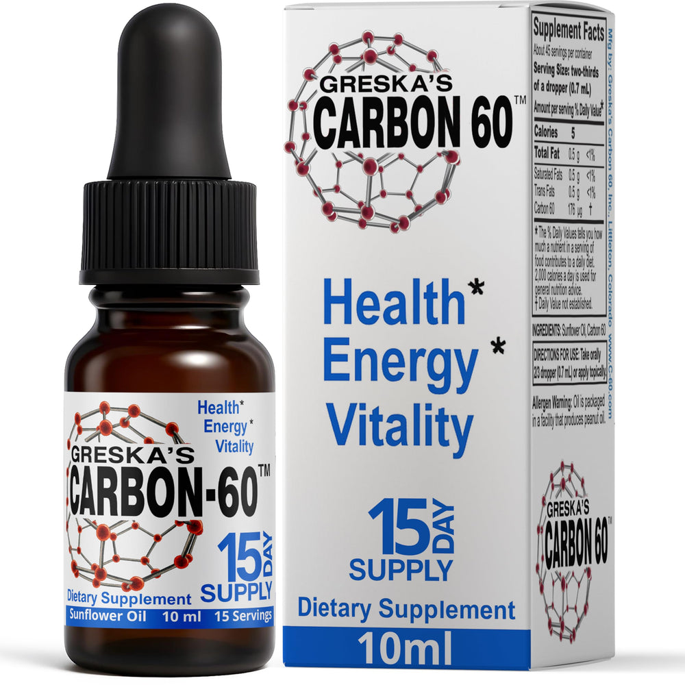 Greska's Carbon-60 bottle with sunflower oil, showcasing high-potency antioxidant formula