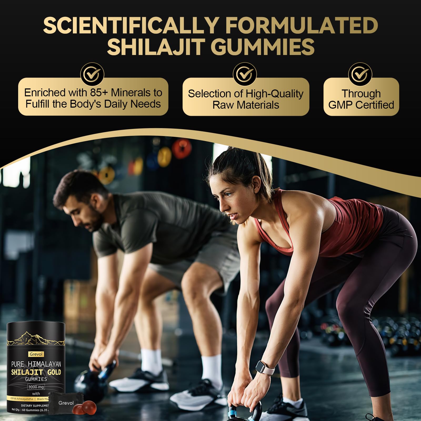 Grevol Himalayan Shilajit Gummies with Ashwagandha and minerals for balanced vitality