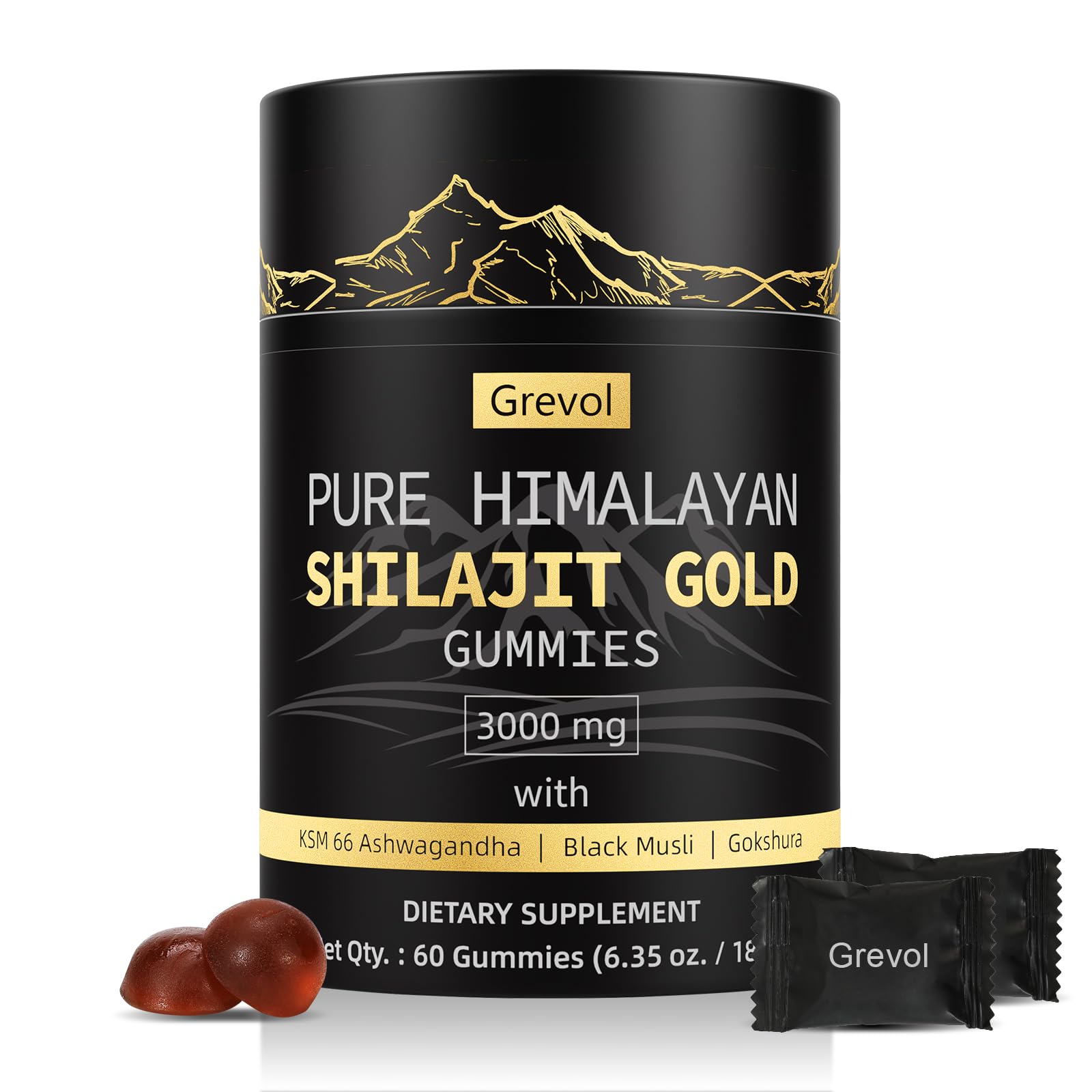 Grevol Himalayan Shilajit Gummies bottle front view showing gold grade formula for daily energy