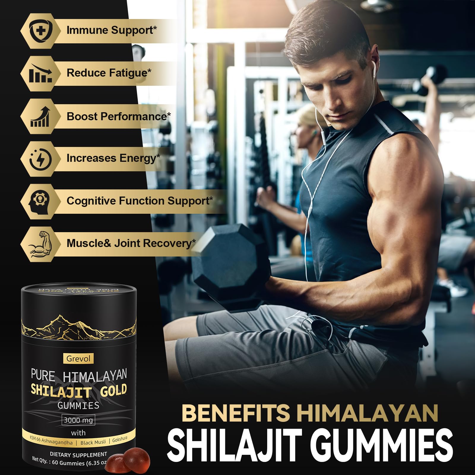 Grevol Himalayan Shilajit Gummies bottle with label detail and ingredients
