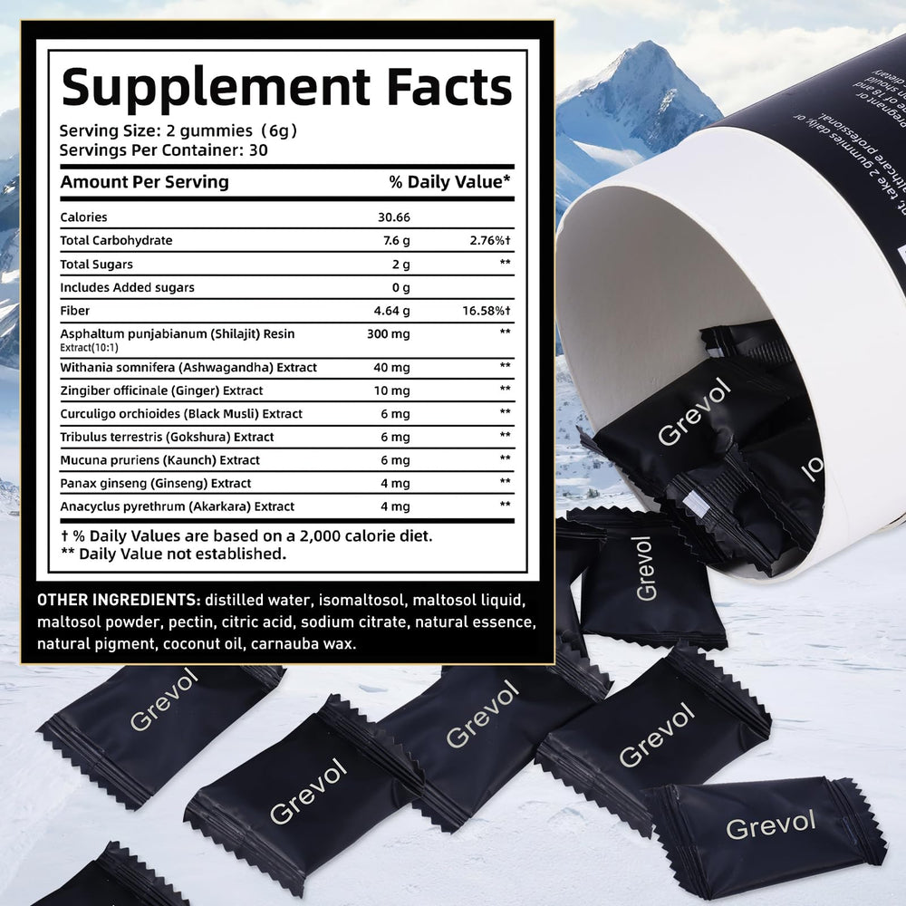 Grevol Shilajit Gummies dosage guide showing two gummies per day