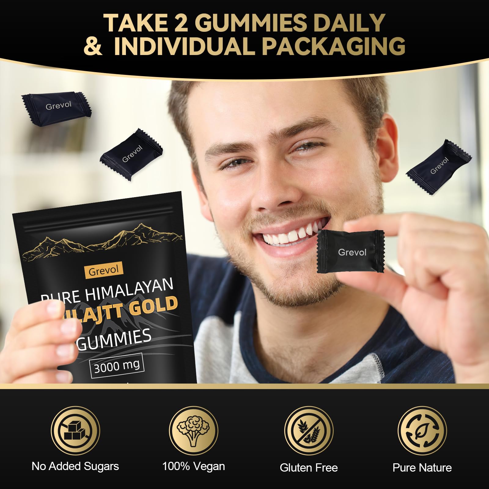 Grevol Shilajit Gummies individually wrapped, ideal for travel