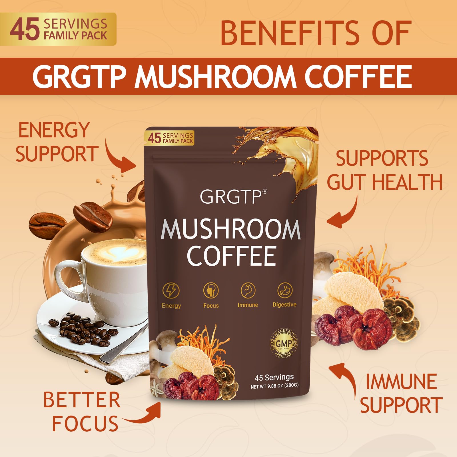 GRGTP Mushroom Coffee cup steaming emphasizes jitter-free energy and focus