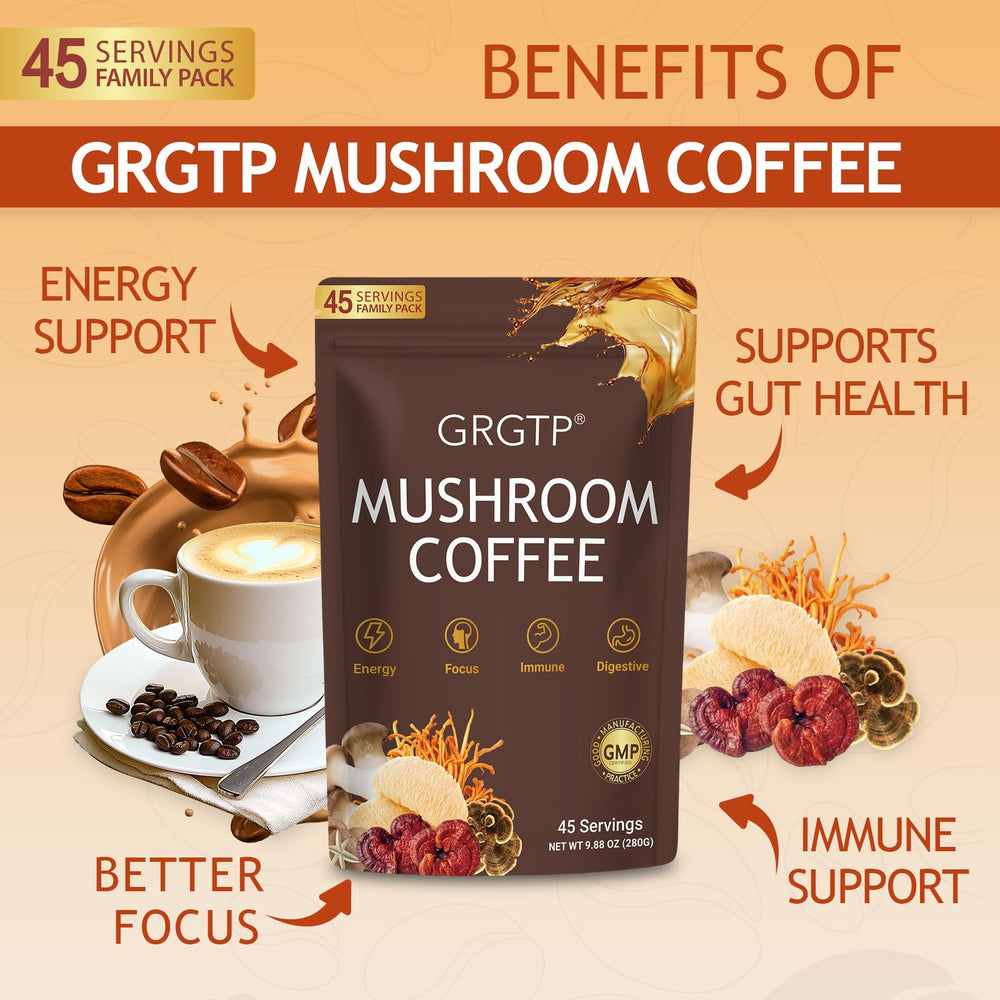 GRGTP Mushroom Coffee cup steaming emphasizes jitter-free energy and focus