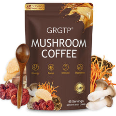 GRGTP Mushroom Coffee package shot highlights smooth flavor and convenience