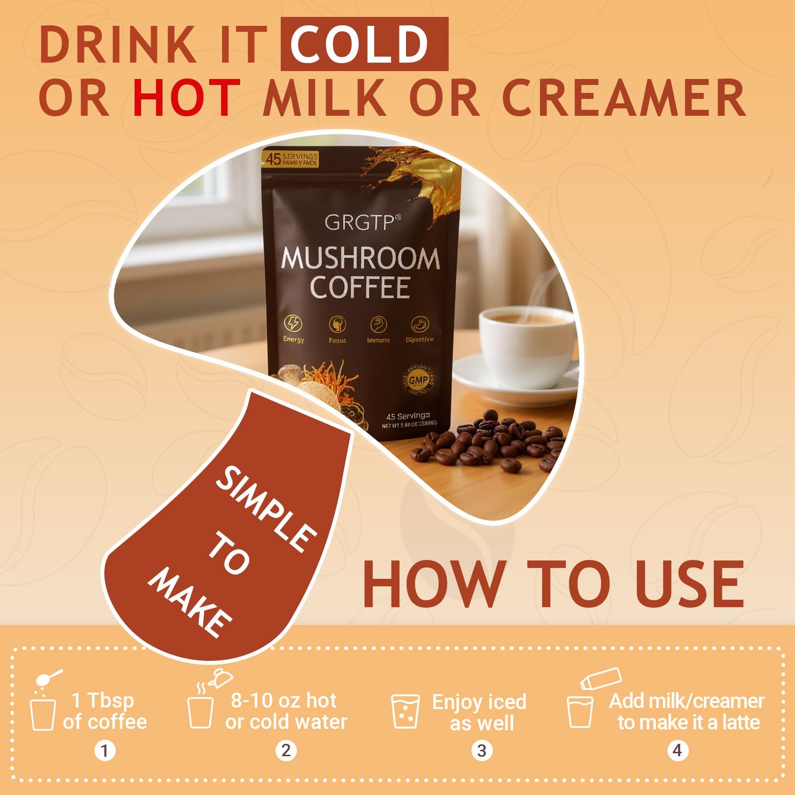GRGTP Mushroom Coffee smooth-brew scene features mild caffeine and no earthy aftertaste