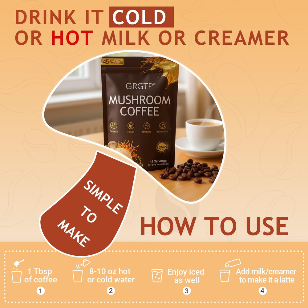GRGTP Mushroom Coffee smooth-brew scene features mild caffeine and no earthy aftertaste
