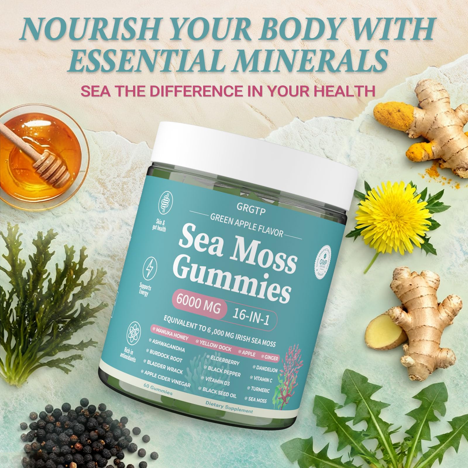 GRGTP Sea Moss Gummies Ashwagandha focus panel for daily balance