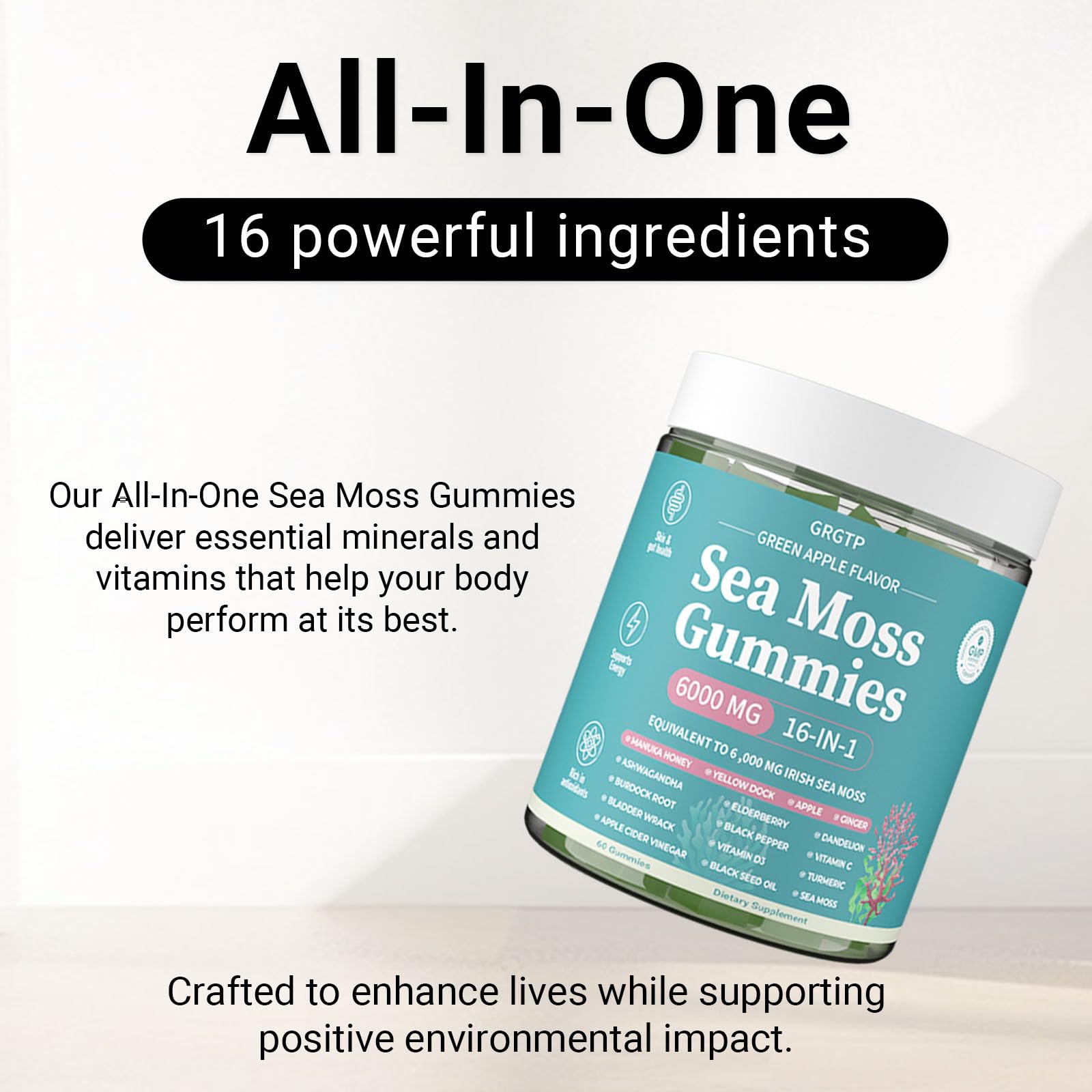 GRGTP Sea Moss Gummies ingredients spread highlights sea moss and botanicals