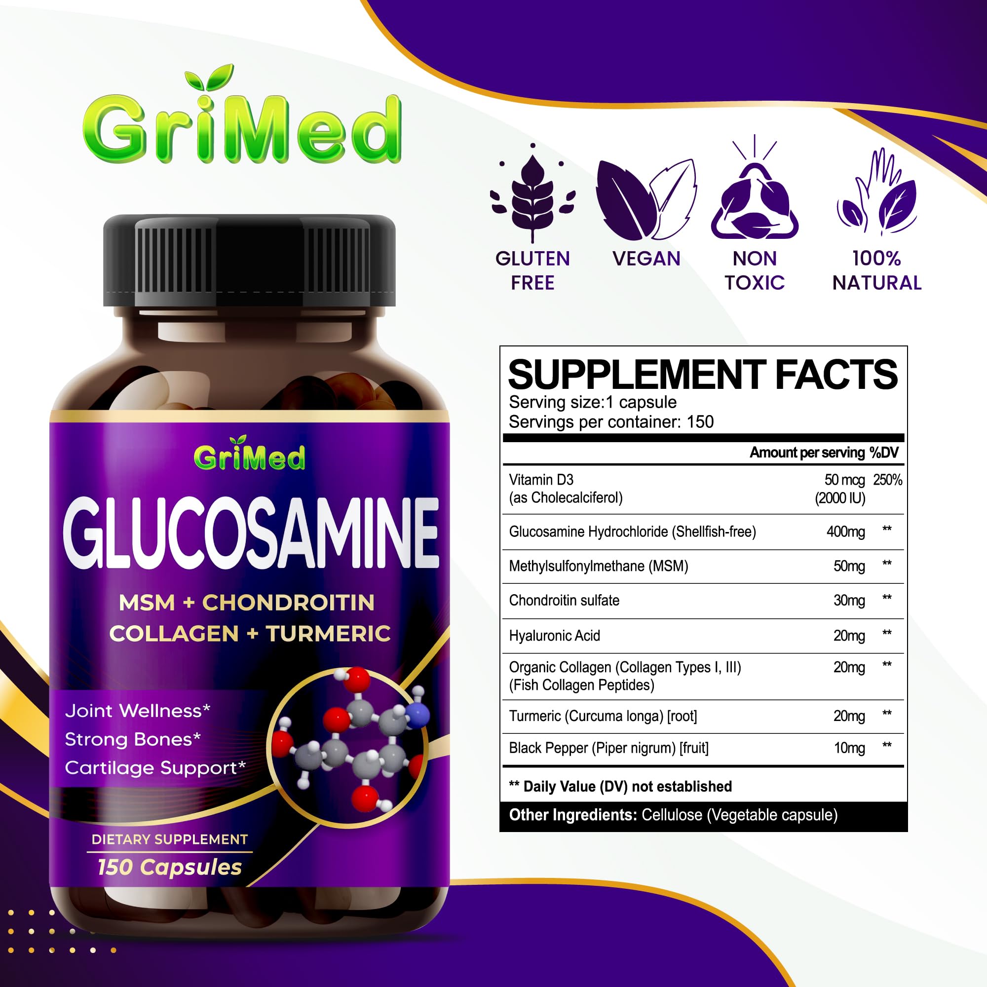 GriMed Glucosamine collagen complex capsule showing holistic bone and cartilage support.
