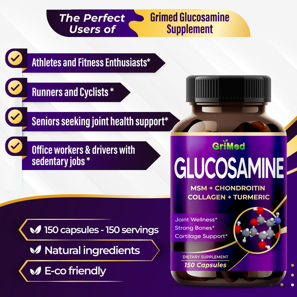 GriMed Glucosamine eight-herb blend capsule feature turmeric and black pepper synergy.