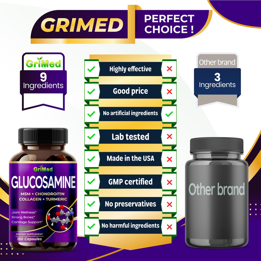 GriMed Glucosamine HCl concentrate highlighting potent joint nourishment and mobility support.