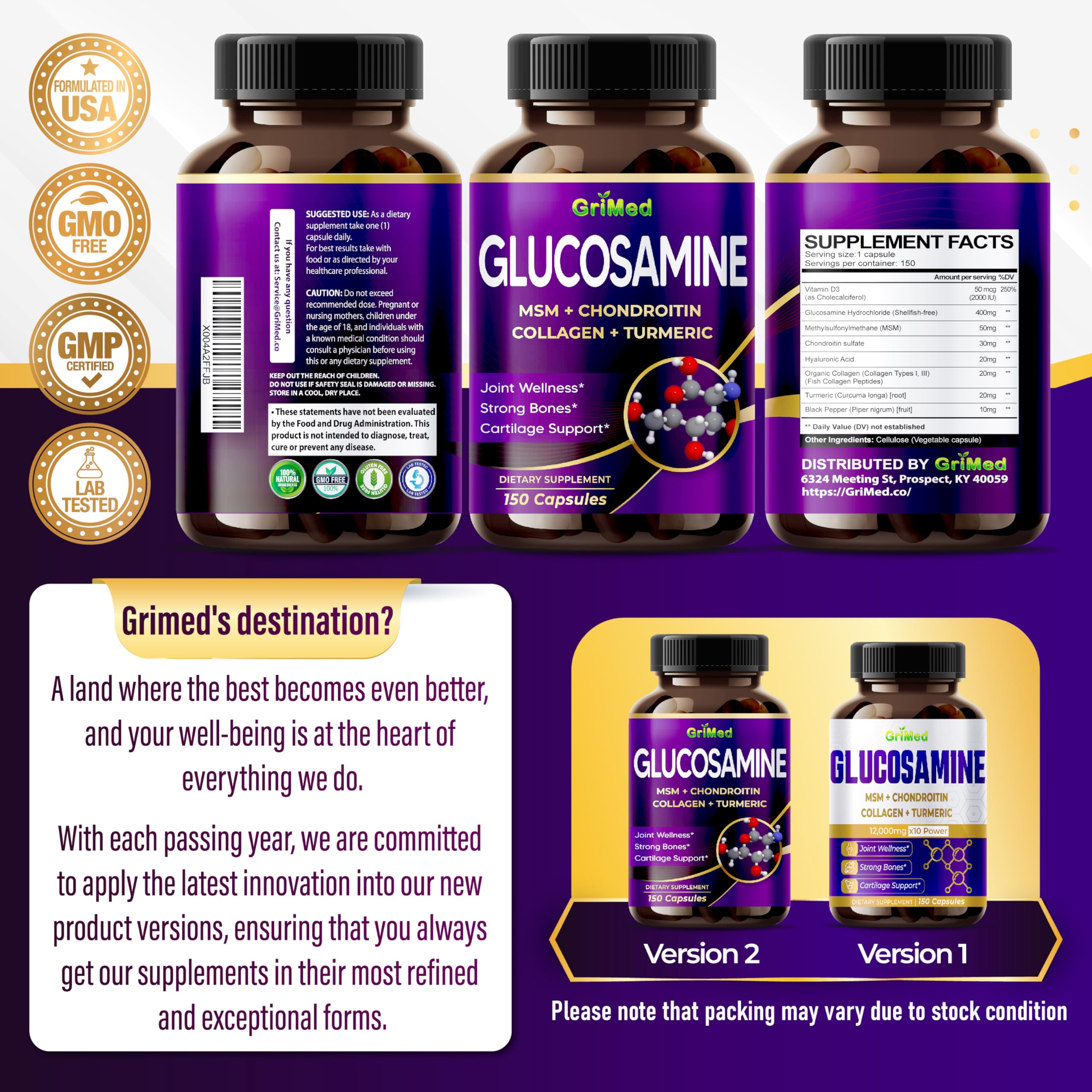 GriMed Glucosamine satisfaction guarantee badge reinforces trusted quality.