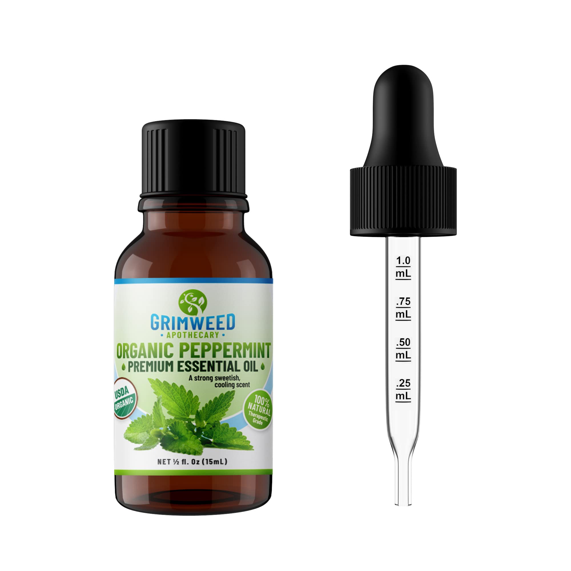 Grimweed Apothecary Organic Peppermint Essential Oil bottle ready for aromatherapy and room refresh.