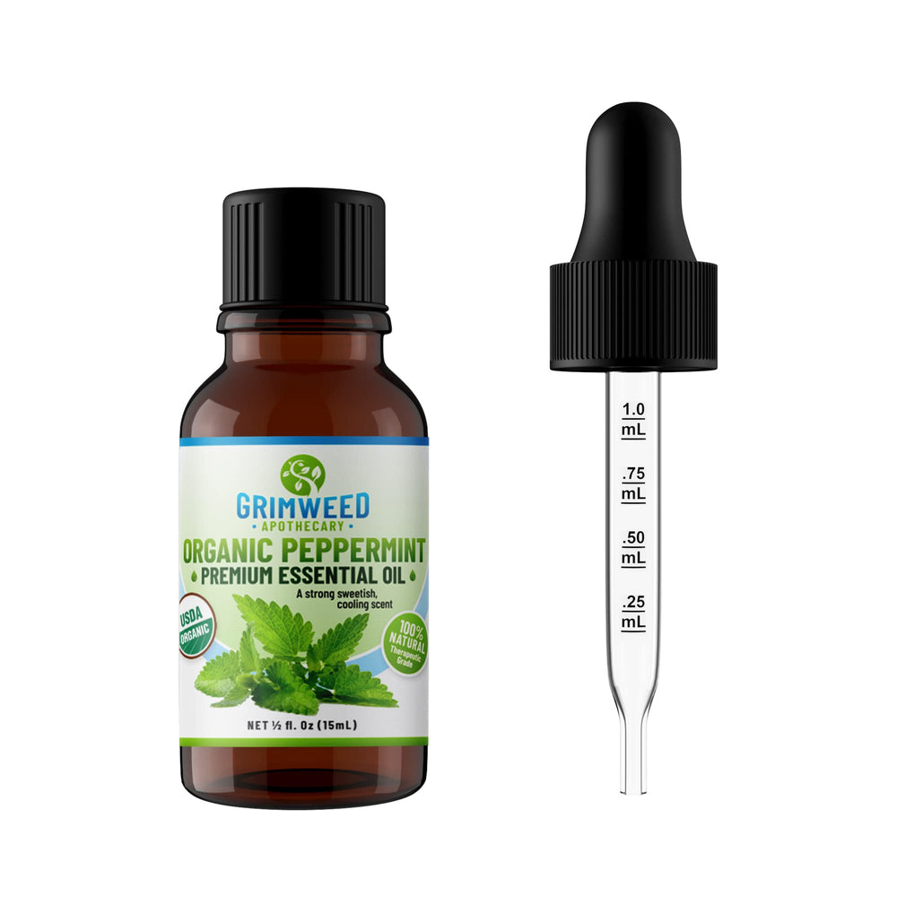 Grimweed Apothecary Organic Peppermint Essential Oil bottle ready for aromatherapy and room refresh.