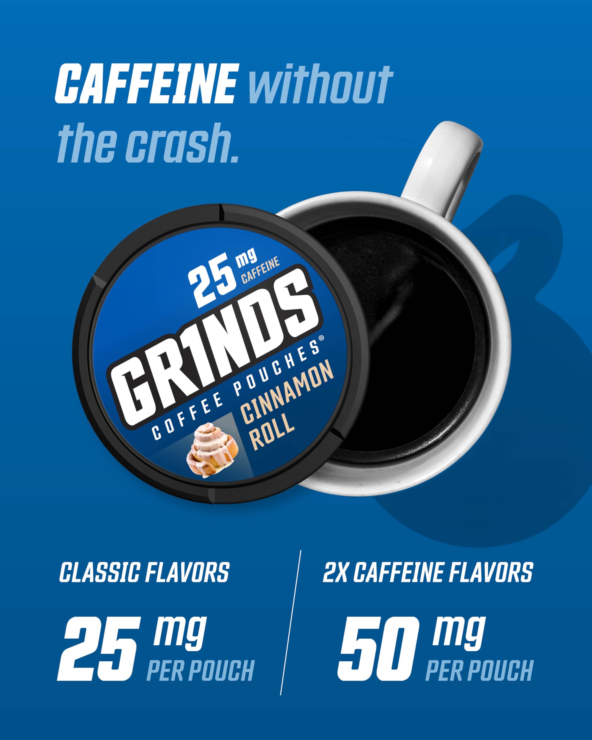 GRINDS caramel-flavor pouch - sweet aroma with a quick caffeine lift.